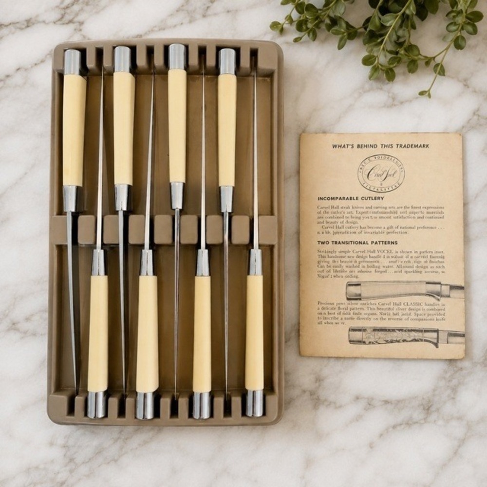Vintage Carvel Hall USA 8 Pc Steak Knife Set Ivory Handles Case MCM Briddell